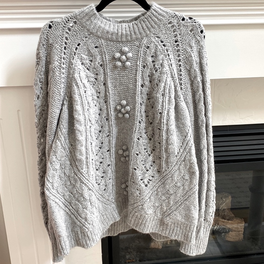 J Crew Gray Knit Wool Crewneck Sweater with Bobbles and Cables- Size XL